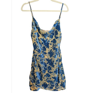 Cloud Ten Mini Dress Blue Roses Floral Velvet Burnout Cowl Neck Small NWT